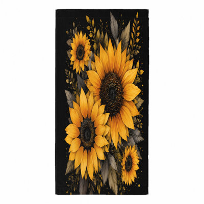 1Pcs Sunflower Beach Towel, featuring vibrant yellow sunflowers and artistic foliage in a striking black watercolor design. Large microfiber, perfect for days, swimming, travel, camping, unisex.