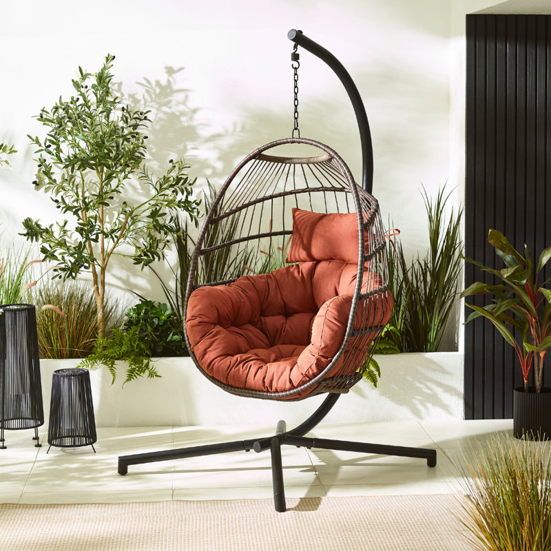 Kouts Cosy Rattan Weave Hanging Egg Chair Garden With Cushion - Contemporary Modern Design, Orange