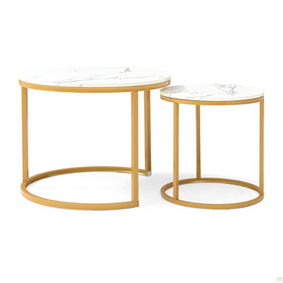 Set 2 Coffee Table Nesting Golden Frame Circular Round And Marble Pattern Wooden Tables