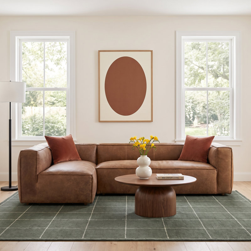 Strom 120" Leather Sectional, Left Hand Facing, Natural Washed Sand Top Grain Leather