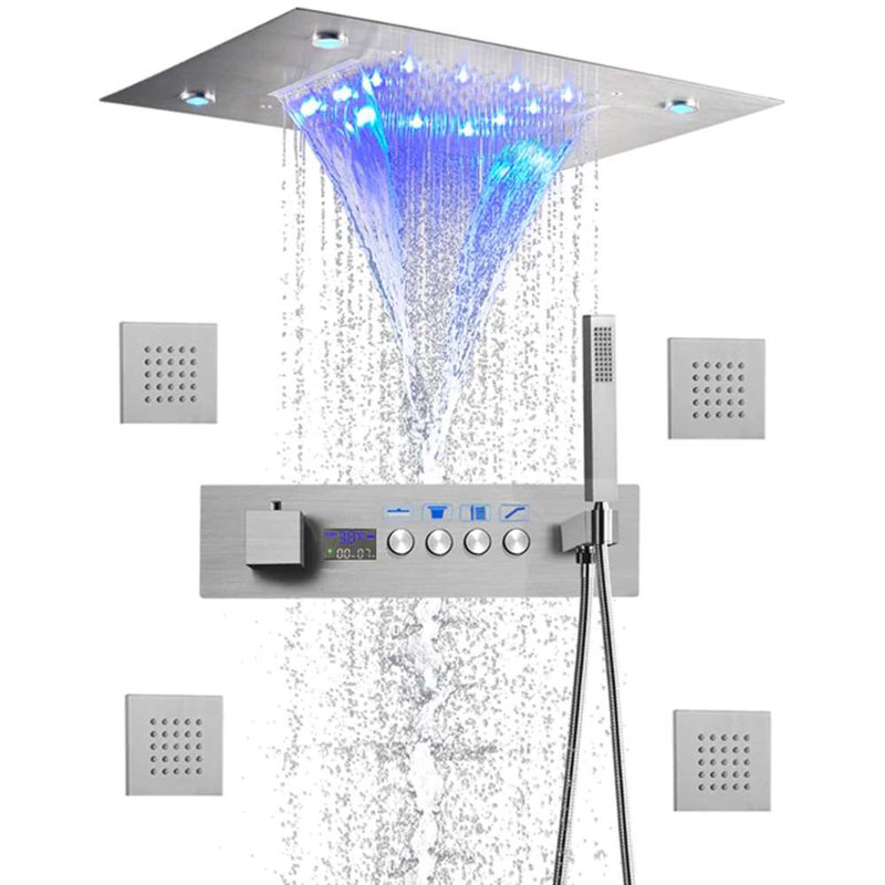 LED Thermostatic Shower Set with Rainfall and Multi Jets, Brushed Nickel, Push Button