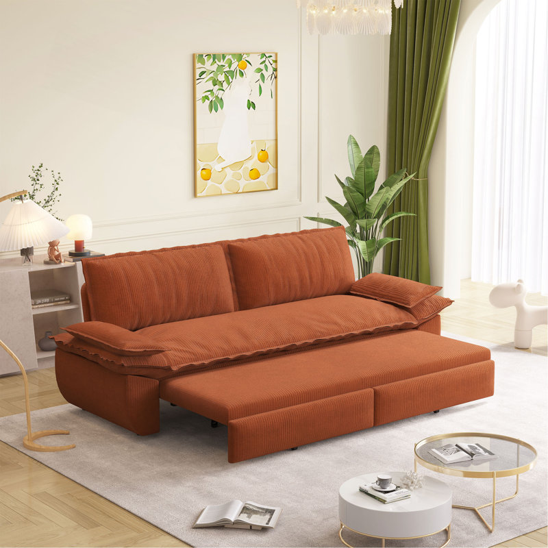 73.2" Queen Pull Out Sofa Bed,3-In-1 Convertible Sleeper Sofa,Multi-Functional Corduroy Loveseat Bed, Orange