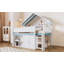 Lit mezzanine double avec toit à baldaquin et armoire de rangement, blanc et bleu