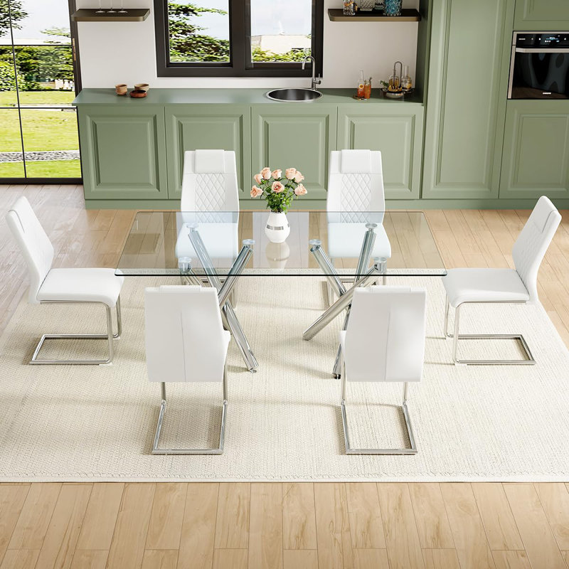 Ensemble de table de salle à manger moderne, table de salle à manger en verre de 71 pouces avec chaises chromées, table de cuisine et chaises