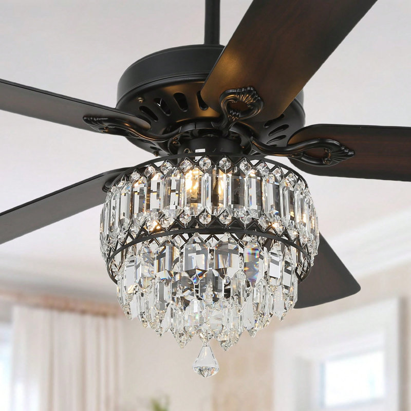 52 Inch Modern Crystal Ceiling Fan With Remote Control, 3 Speeds Reversible Ceiling Fan For Bedroom, Black