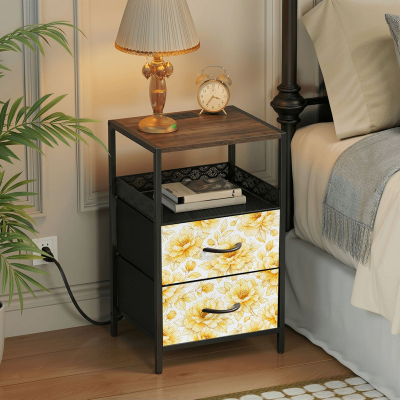 Table de chevet 2 tiroirs avec station de charge, table de chevet de chambre à coucher avec ports USB et prises ouvertes - tablette noire