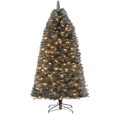 6ft Prelit Black Christmas Tree with Lights, Slim Artificial Halloween Tree, Automatic Branches