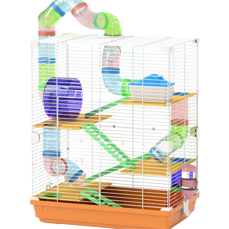 Cage à hamster de 18 po avec 5, tubes, tunnels, poignée de transport, orange, plat de nourriture, bouteille d'eau, roue d'exercice pour petits hamsters et tubes portatifs