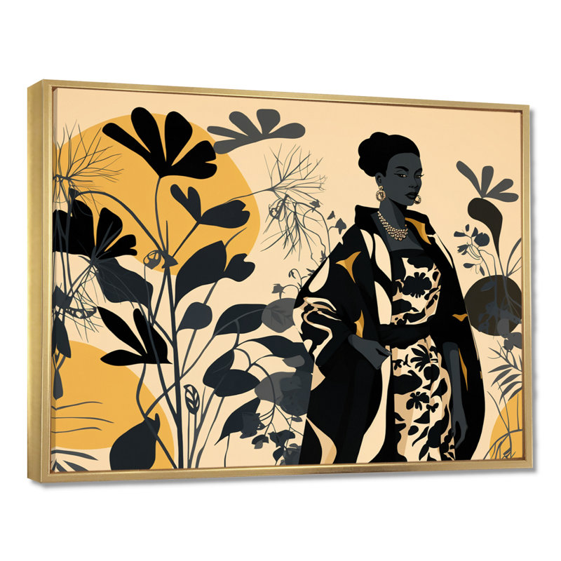 Gracieux mode botanique rétro afro - art mural africain, Cadre flottant doré, H 30 po x l 40 po x P 1,5 po