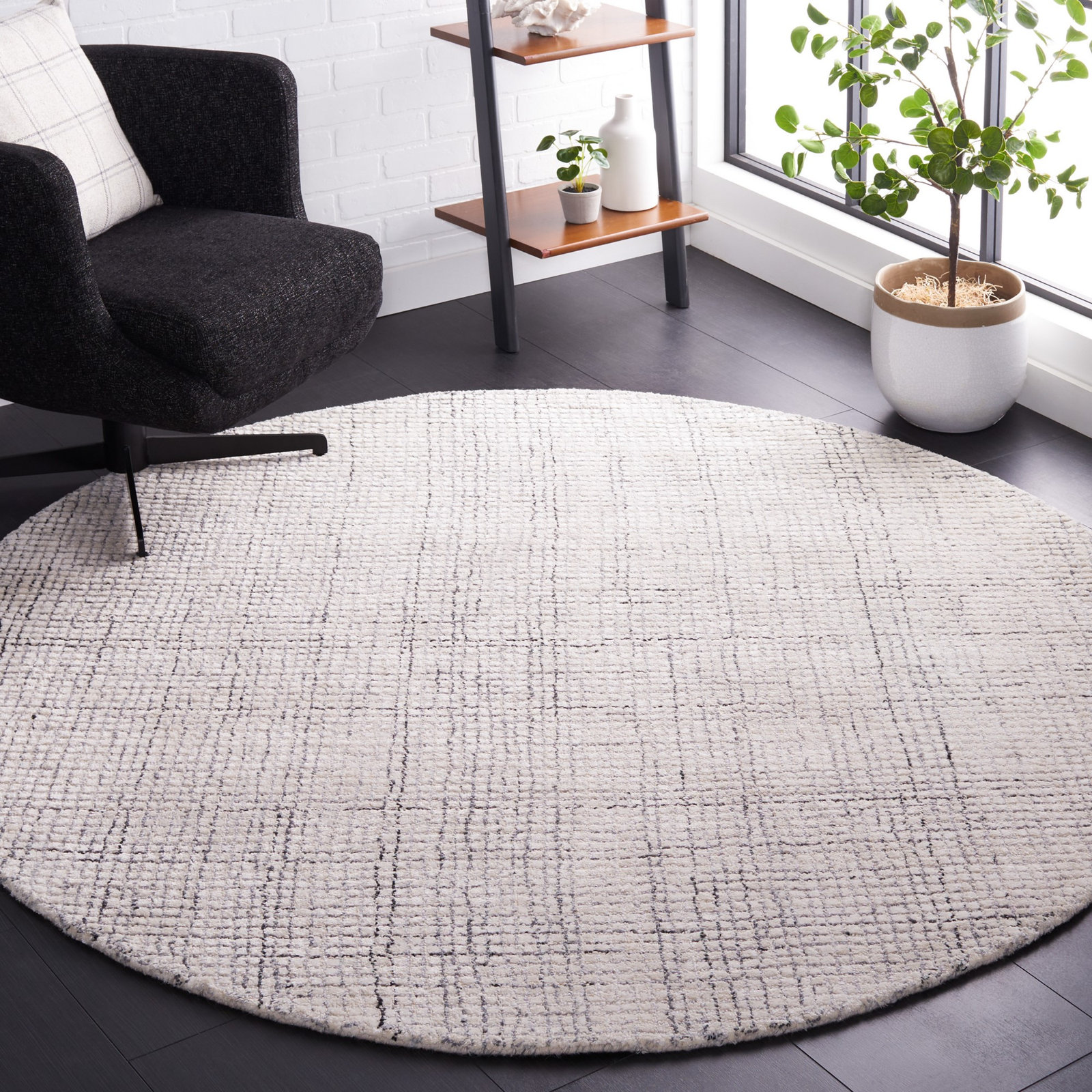 Rowe Ivory Grey Hand-Tufted Abstract Rug, Round 6'