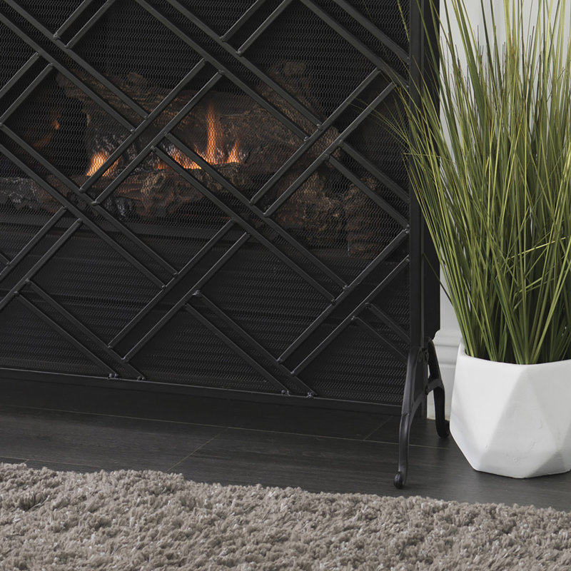 Single‑panel black metal fireplace fire screen