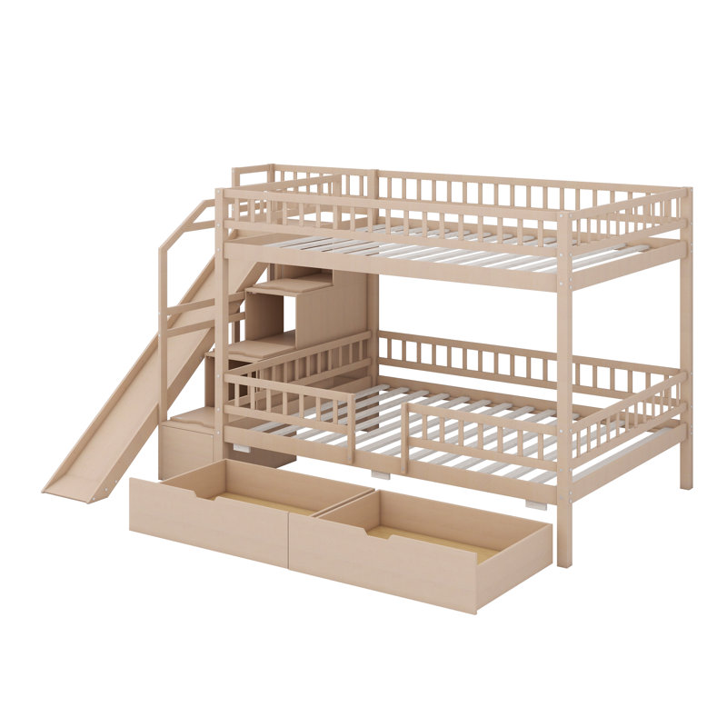 Lit superposé avec rangement pour escalier, glissières et tiroirs de rangement, Walnut