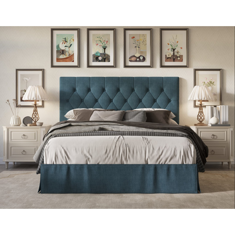 Lit plateforme simple touffeté Fareham, Bleu denim, Très grand