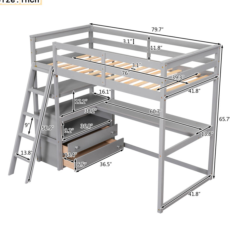 Lit mezzanine simple avec bureau, tablettes et 2 grands tiroirs - plateau gris, Gris, Lit simple