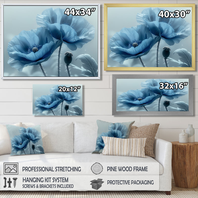 Bleu et gris beauté éthérée coquelicots II - coquelicots, salon d'art mural, Toile avec cadre flottant noir