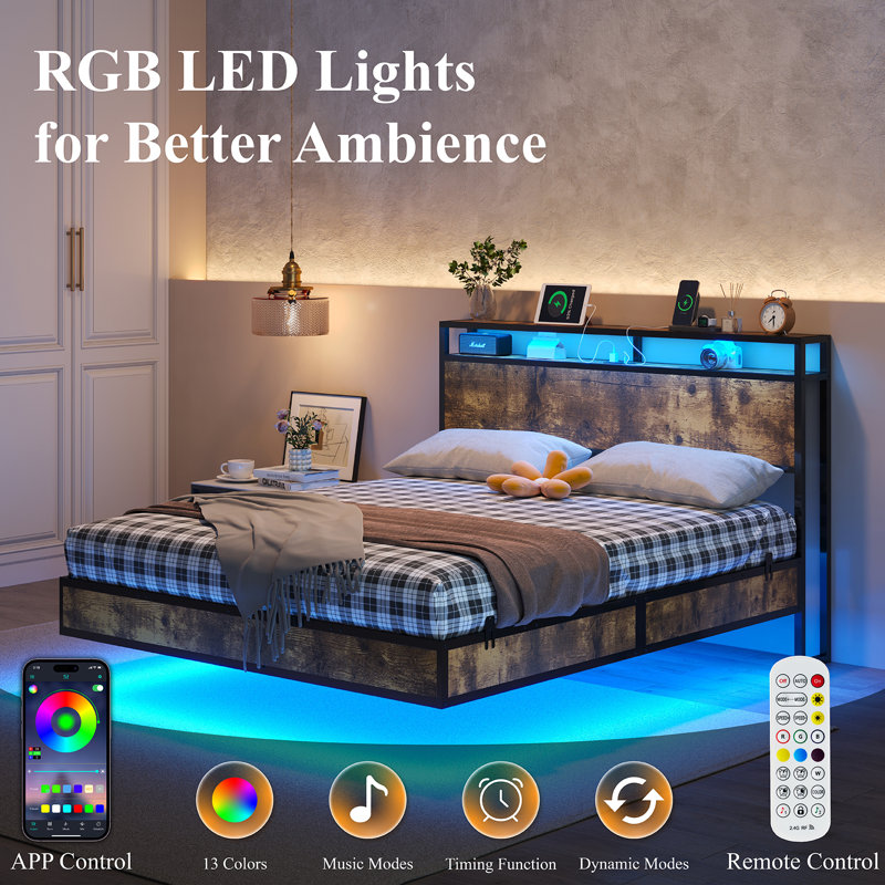 Queen Rustic Brown Wood Floating Bed Frame with LED Lights and USB Ports