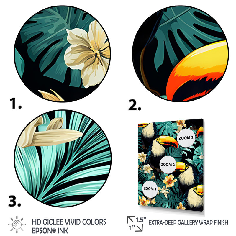 Perroquets et plantes tropicales II - Toucan, art mural animal, H 20 po x l 12 po x P 1 po, Toile tendue