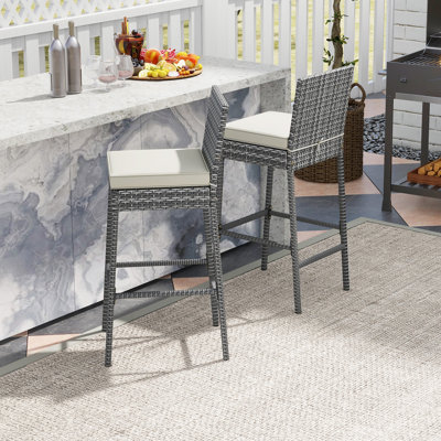 Patio Wicker Barstools Bar Height Chairs W/ Cushions Backyard Off White by Ebern Designs