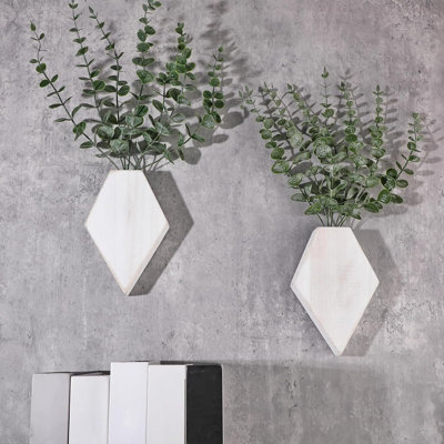 2 Pcs Wooden Wall Planter Decor Hanging Fake Plants Greenery Flowers Holder Vase Boxes For Wall Bohemian Farmhouse Room Kitchen Office Indoor Decoration(Retro White,7.1 X 4.7 X 1.2 Inches)
