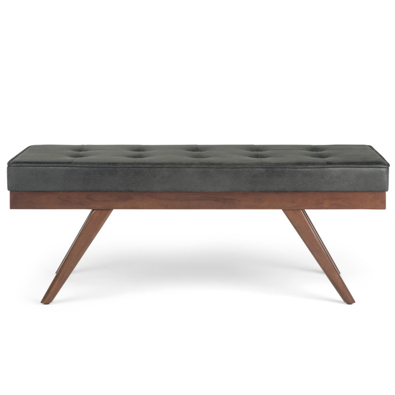 Pierce 48"W Mid-Century Modern Button Tufted Ottoman Bench with Solid Wood Frame, Distressed Black