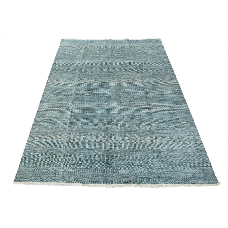 Tapis bleu en laine noué à la main de conception unique 7 pi 10 po x 10 pi 3 po
