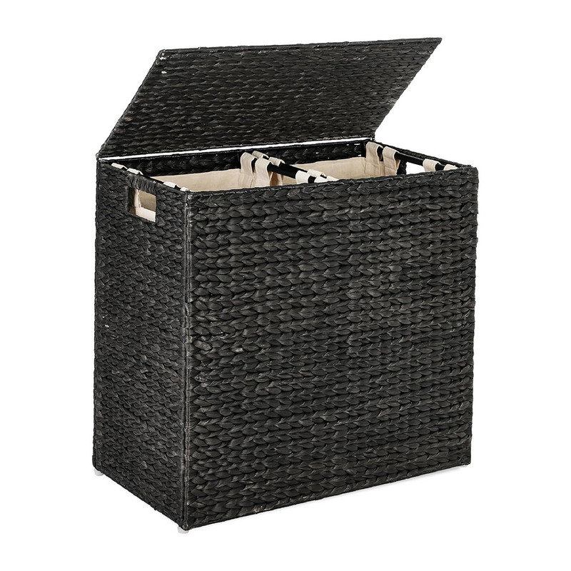 Large Water Hyacinth Double Laundry Hamper Basket w/ 2 Liner Bags, Handles, Black