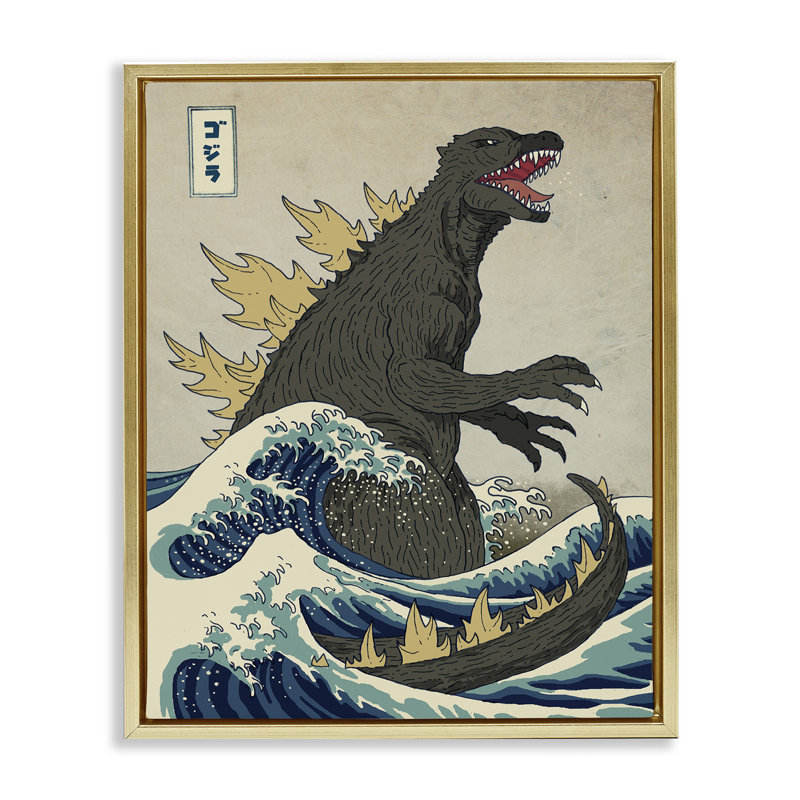 Illustration nautique de style oriental Godzilla, Cadre flottant métallique doré, H 17 po x l 21 po