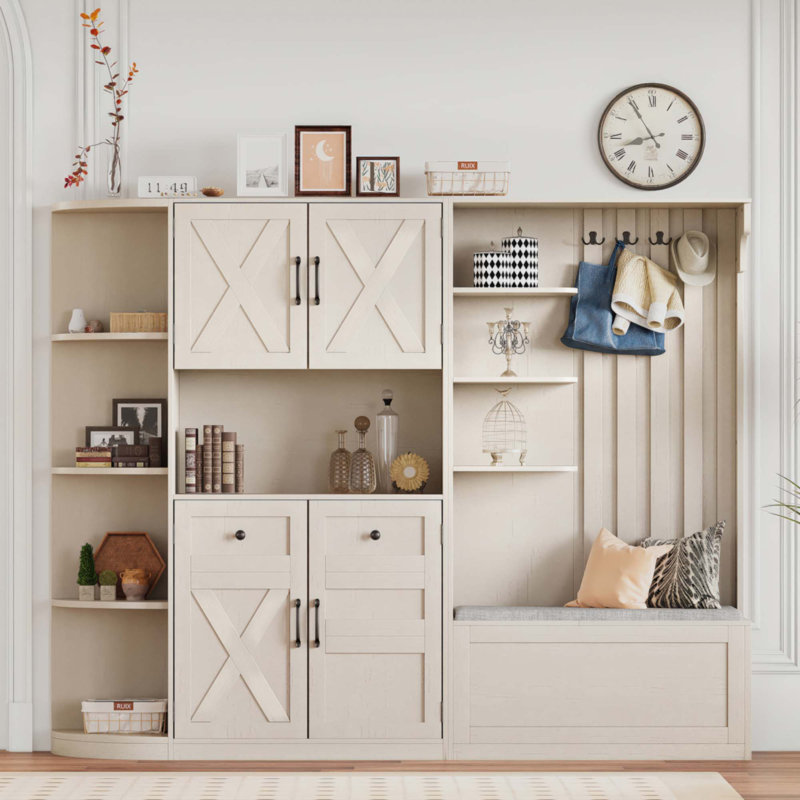 Armoire de vestibule multifonctionnelle gauche-droite avec rangement et 4 crochets, Beige