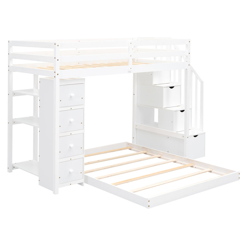 Lit superposé simple au-dessus d'un lit double en blanc - Optimisez l'espace de la chambre à coucher avec des tablettes de rangement pratiques à 3 couches, des tiroirs et des tablettes de tiroir