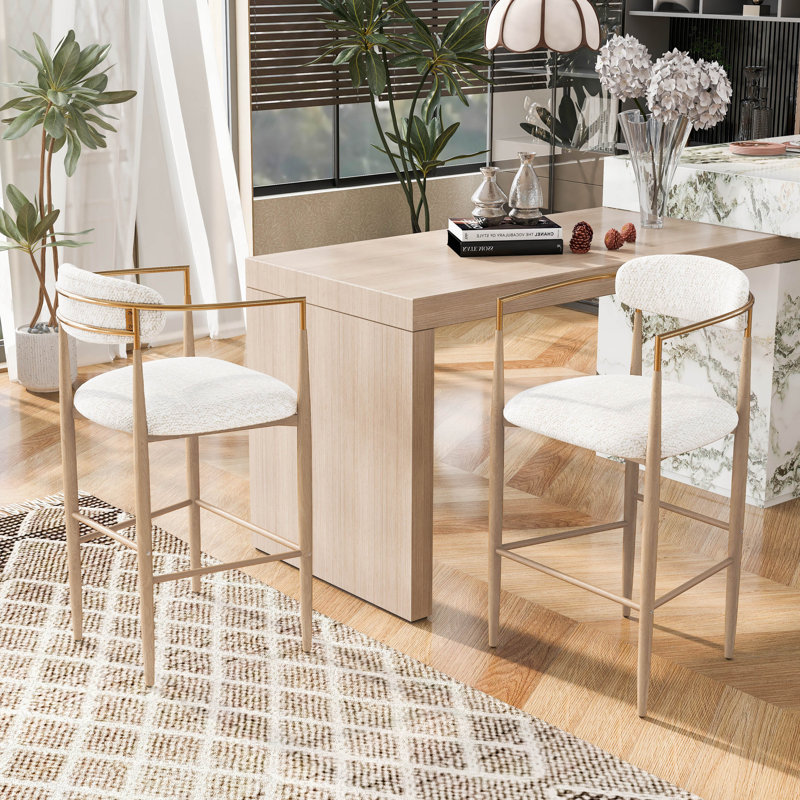 Amen Upholstered Bar Stools, Beige Boucle/Natural Wood Base, Bar Stool (30.25" Seat Height)