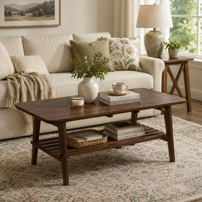 Table basse en bois massif avec tablette de rangement pliable