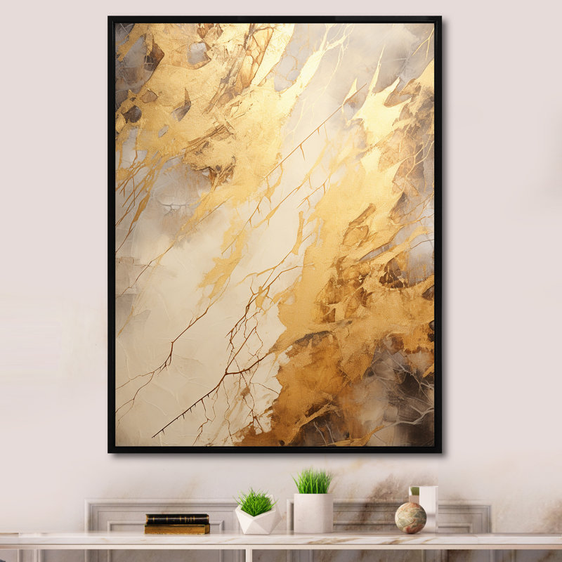 «Beige and Gold Marble Lightning V», reproduction sur toile, Cadre flottant noir, H 40 po x l 30 po x P 1,5 po