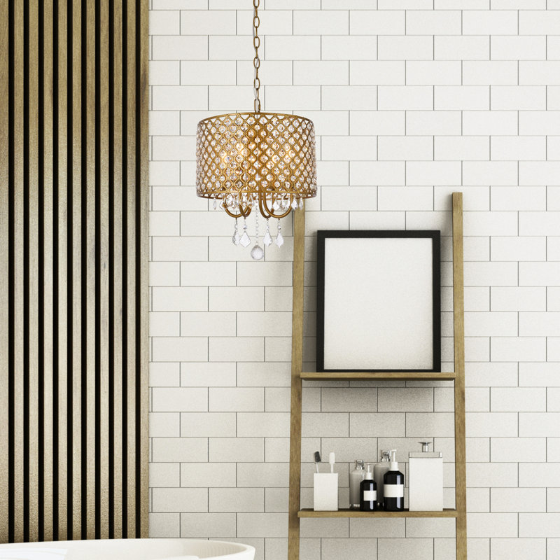 Dusin 4-Light Dimmable Crystal Drum Chandelier, Brass, Brass/Clear, 15" H x 14" W x 14" D