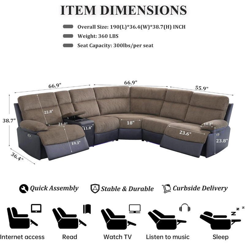 Canapé d'angle inclinable électrique 3 pièces avec revêtement en tissu, console de rangement et éclairage DEL, Tissu noir