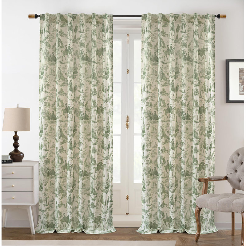 100% Blackout Toile Linen Curtains Farmhouse French Country Vintage Living Room Drapes  2 Panels, 52" W x 84" L, Loden Green