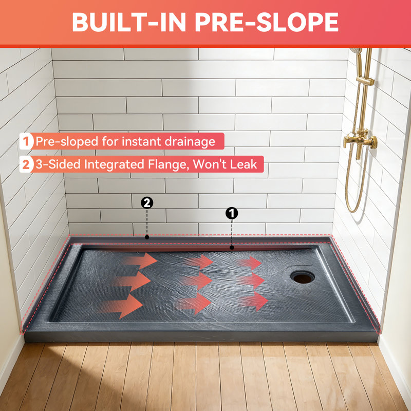 60" x 30" Single Threshold Alcove Shower Base with Right Drain, Integrated Flange and Low Profile Design, Right, Gray