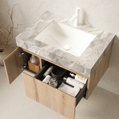 Meuble-lavabo de 30 po avec lavabo, armoire de rangement en contreplaqué flottant, plateau en pierre frittée grise, lavabo en céramique, 1 trou de robinet pré-percé, assemblé, couleur chêne blanc, style luxueux, rangement spacieux, doux