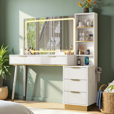  48" Vanity Desk with 35" Large Lighted Mirror, 5 Drawers & Shelves & Charging Station, White