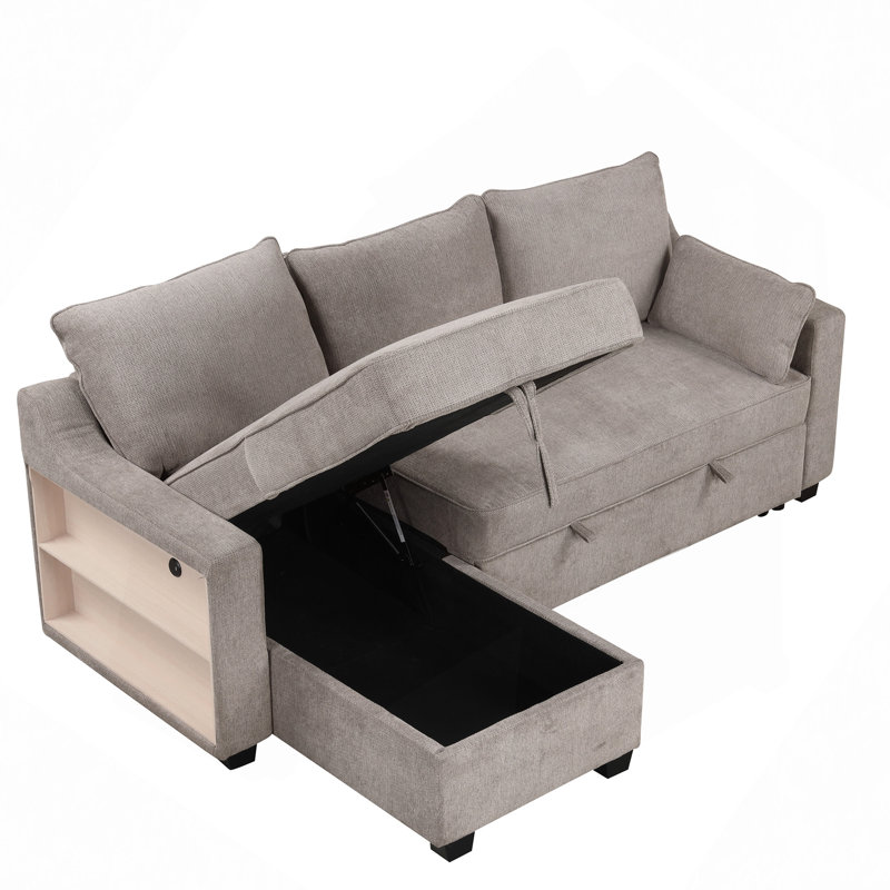 Canapé modulaire, canapé-lit escamotable en L de 90 po avec méridienne, rangement et supports USB, Marron clair