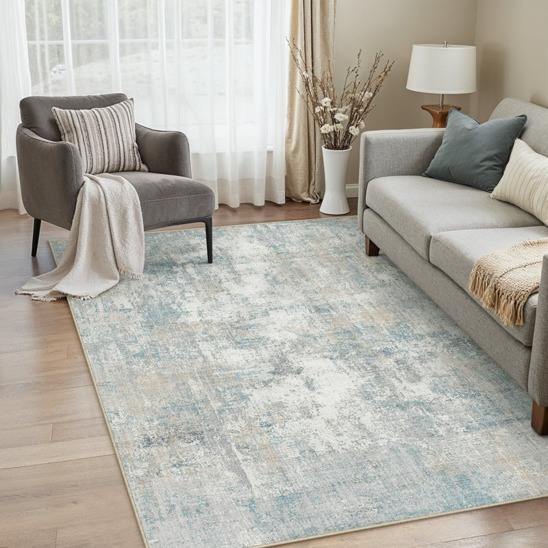 Modern Abstract Washable Rug in Blue 3x5 feet