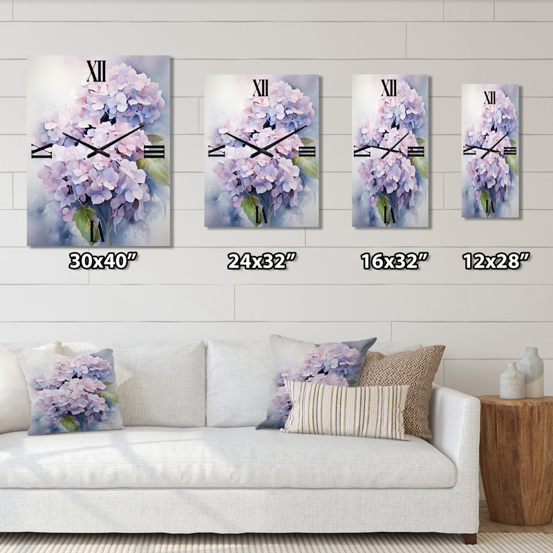Hydrangées mauves Graceful Whispers - Très grandes horloges murales florales, H 40 po x l 30 po x P 1 po