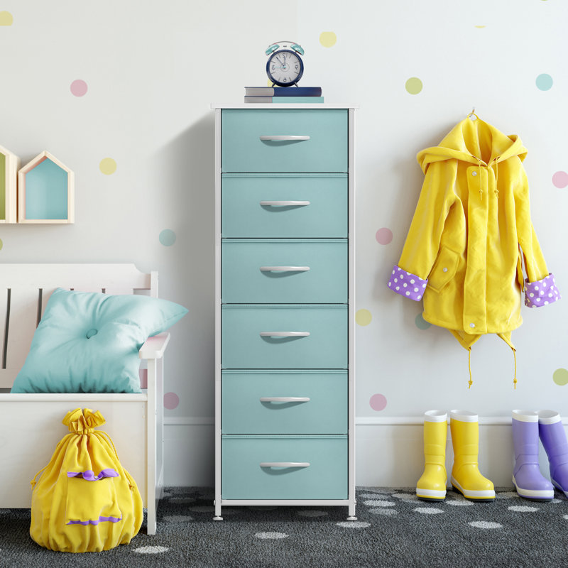 Sorbus 6 Drawers Tall Dresser with Steel Frame, Wood Top & Easy Pull Foldable Fabric Bins, Aqua, Aqua