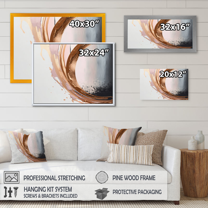 " Rosegold Half Circles Boho V " Color Photography Print, 20" W x 12" H, Gold Floater Framed
