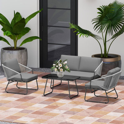 Outsunny 4 Piece Rattan Strong Panel Outdoor Sofa Set Natural Weather Resistant Patio Seating with Cushions for Backyard Porch