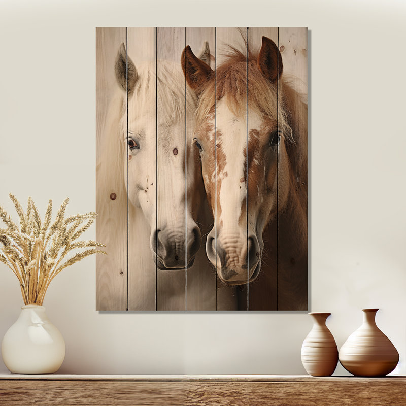 Oleary - Duo dynamique de chevaux blancs et bruns V - reproduction d'animaux sur bois de pin naturel, H 32 po x l 24 po