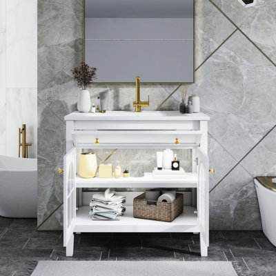 Meuble-lavabo de salle de bain 35,6 po avec verre, éclairage automatique, tablettes réglables et matériau durable 36 po autoportant en blanc