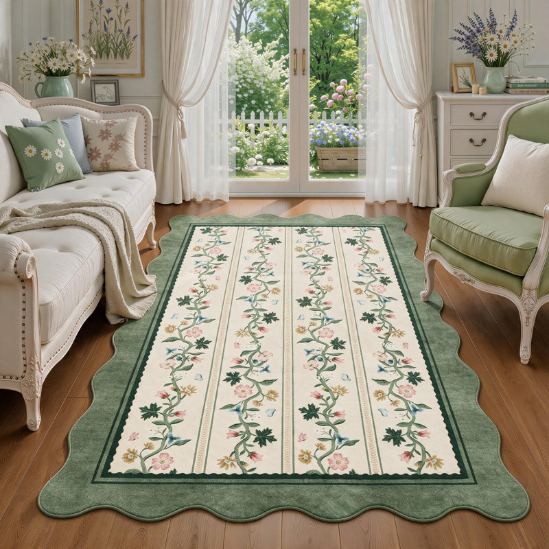 Tapis doux à motifs floraux festonnés – Lavable à la machine, antidérapant, style vintage, Beige, 5' x 7'