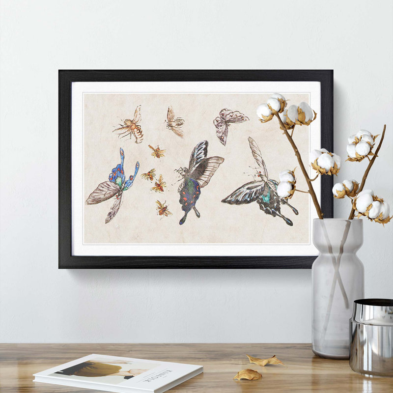 Butterflies & Insects by Fujishima Takeji - Picture Frame Painting Print, 48cm H x 65cm W x 2cm D, Black Framed