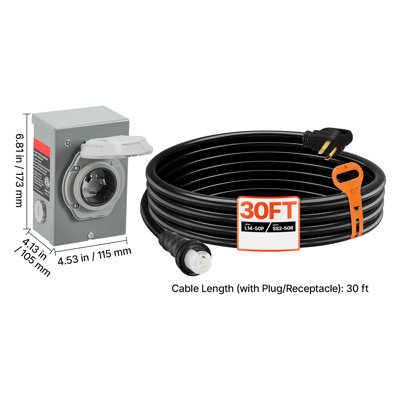 50 Amp Generator Cord and Power Inlet Box, 30FT, 125V/250V STW 6/3 + 8/1 AWG Extension Power Cord, NEMA 14-50P to SS2-50R, Twist Lock Connector, Inlet Box Kit, for Generator to House, ETL Listed