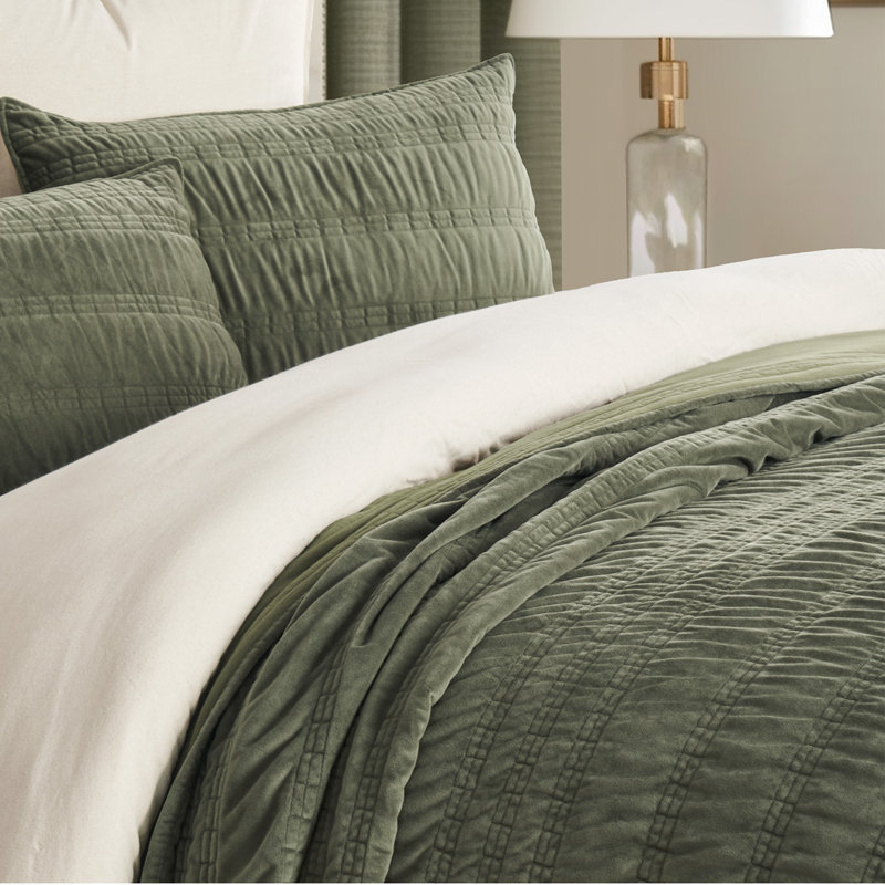 Ruched Crystal Velvet Comforter Set - Luxury Plush Bedding with 2 Shams, King Quilt + 2 King Pillow Shams, Olive Green